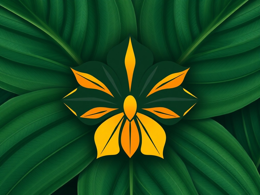 Minimalist abstract icon of a stylized Rafflesia flower with geometric petals, dark green and gold, on a tropical leaf texture background, photorealistic 8k